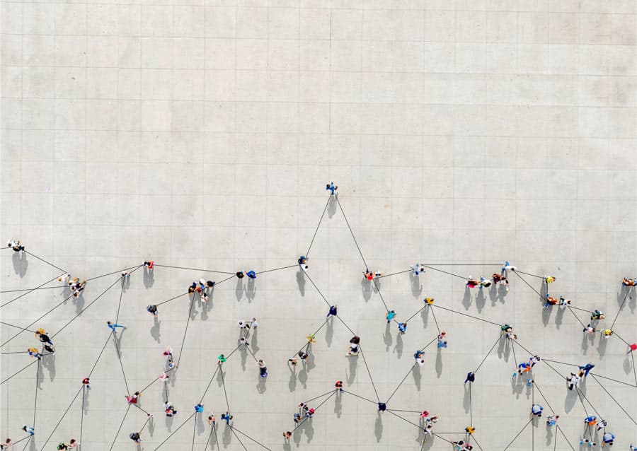 aerial view of a crowd of people connected by lines